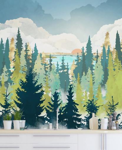 dunkelgrüne und hellgrüne Waldtapete