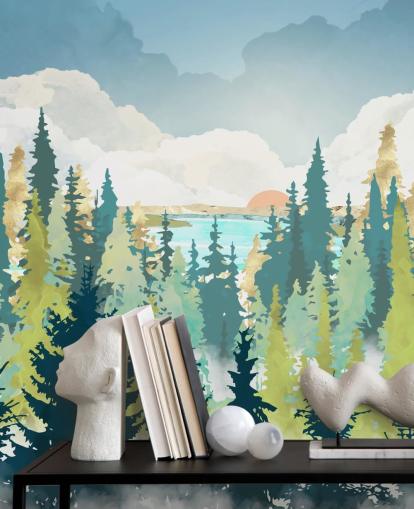 papier peint forêt vert foncé et vert clair