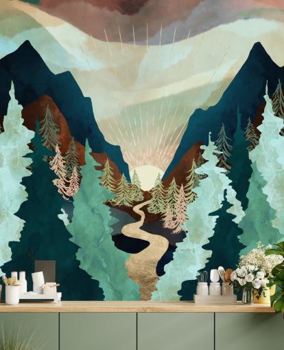 mint green, navy and brown trees wallpaper