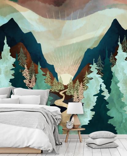 mint green, navy and brown trees wallpaper