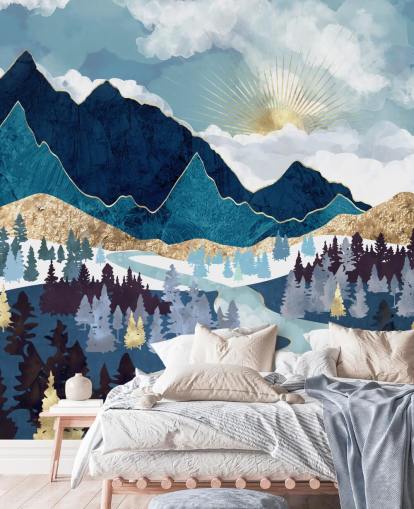 marine blauw en goud bergbehang