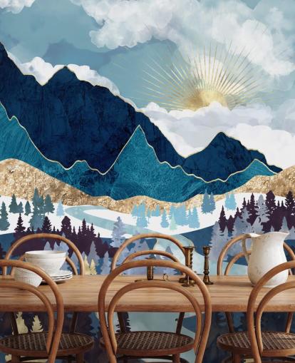 papel de parede de montanha marinha e ouro