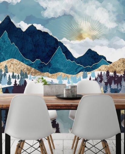 papel de parede de montanha marinha e ouro