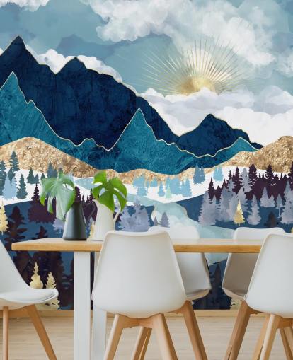 papier peint montagne marine et or