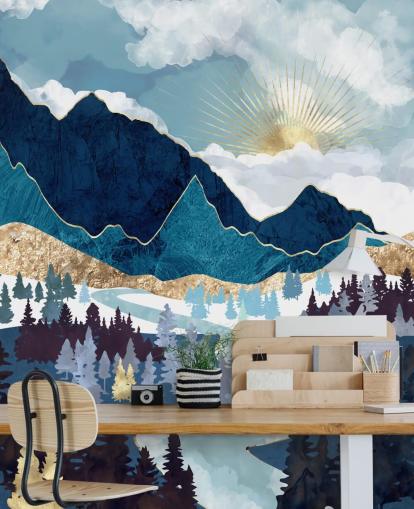 papel pintado azul marino y dorado