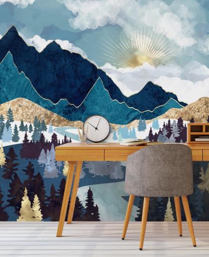 carta da parati montagna blu e oro