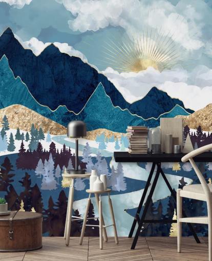 papier peint montagne marine et or