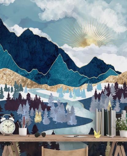 papel pintado azul marino y dorado