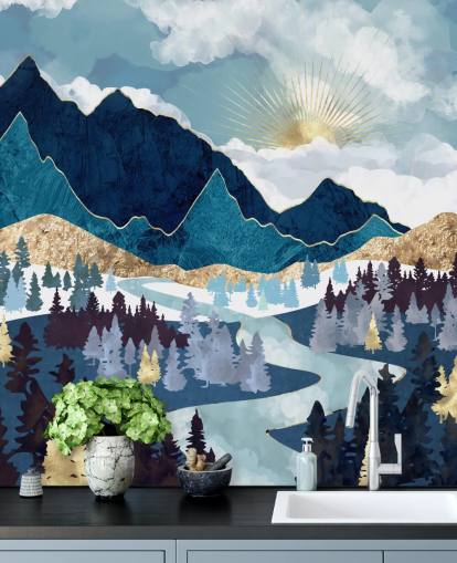 marine blauw en goud bergbehang