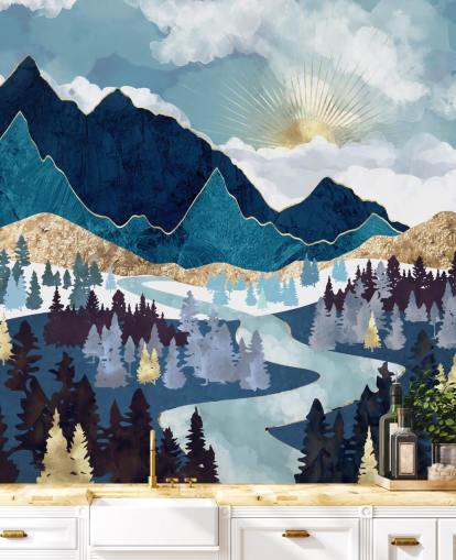 carta da parati montagna blu e oro