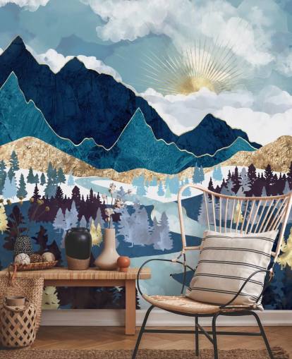 marine blauw en goud bergbehang