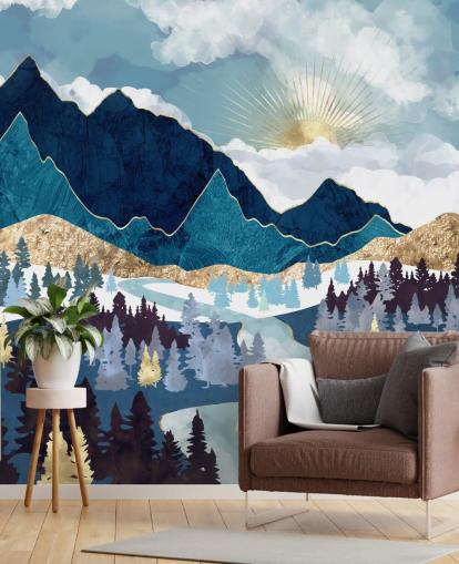 marine blauw en goud bergbehang