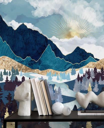 papel pintado azul marino y dorado