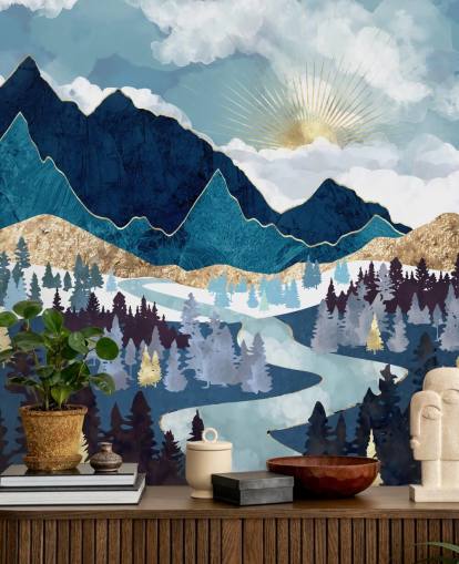 papel de parede de montanha marinha e ouro