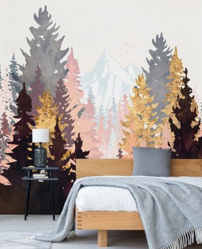 papier peint arbres marron, rose et or