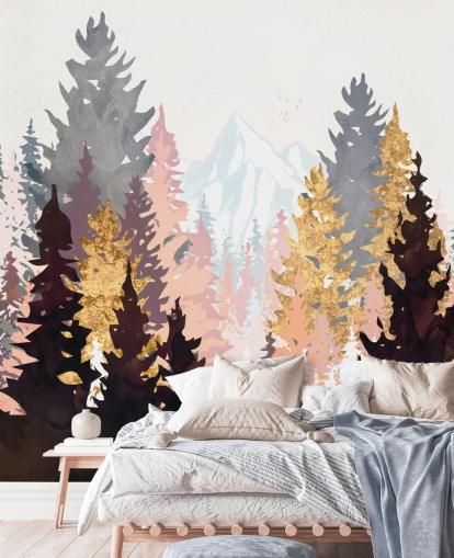 papier peint arbres marron, rose et or papier peint arbres marron, rose et or