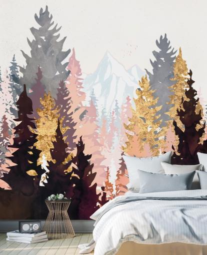 carta da parati con alberi marrone, rosa e oro