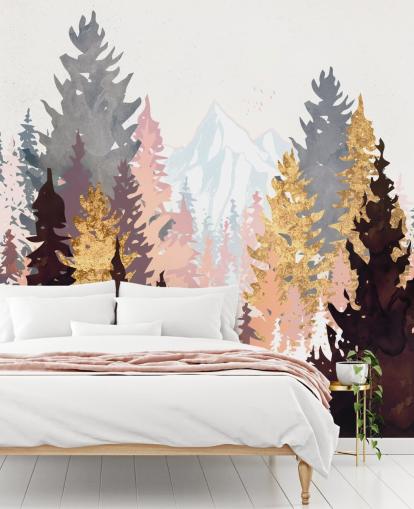 papier peint arbres marron, rose et or papier peint arbres marron, rose et or