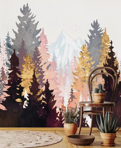maroon, pink and gold trees wallpaper