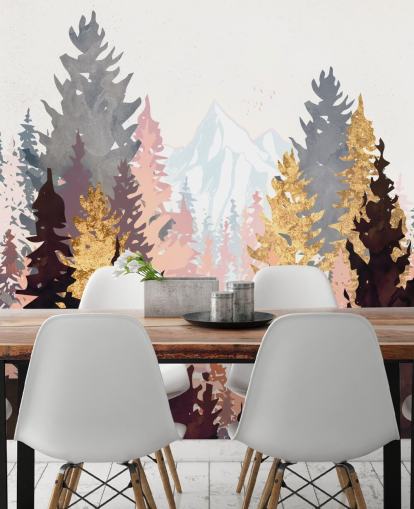 maroon, pink and gold trees wallpaper