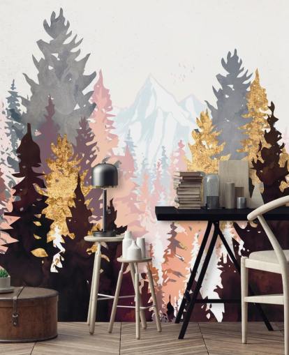 maroon, pink and gold trees wallpaper