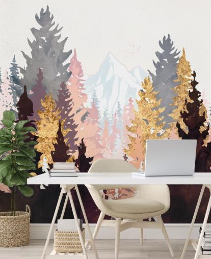 Papel pintado de árboles granate, rosa y dorado