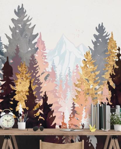 kastanjebruine, roze en gouden bomen behang