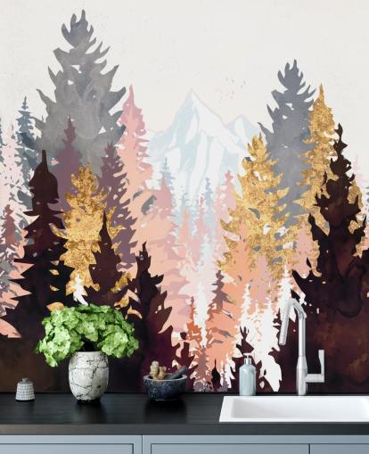 maroon, pink and gold trees wallpaper