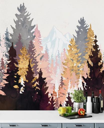 maroon, pink and gold trees wallpaper