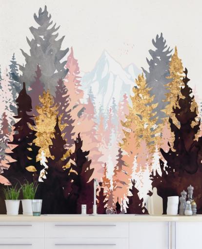 kastanjebruine, roze en gouden bomen behang