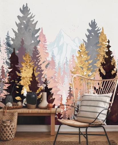 papier peint arbres marron, rose et or