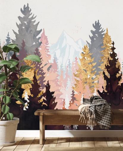 maroon, pink and gold trees wallpaper