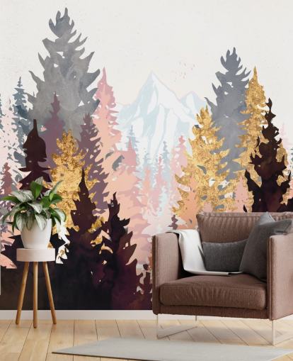 maroon, pink and gold trees wallpaper
