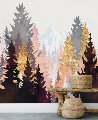 papier peint arbres marron, rose et or