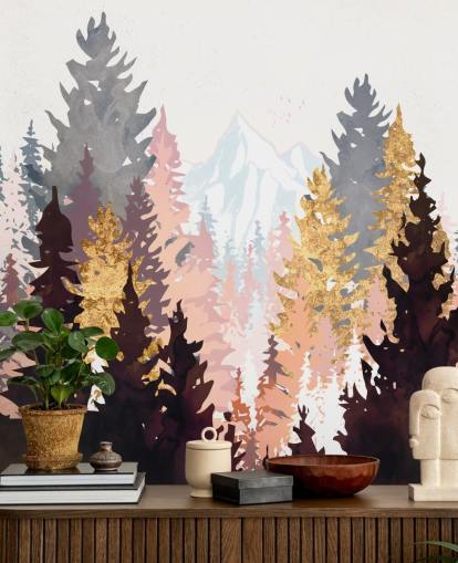 maroon, pink and gold trees wallpaper