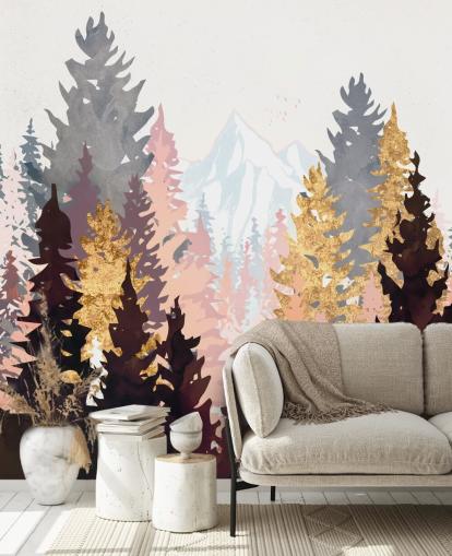 maroon, pink and gold trees wallpaper