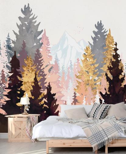 kastanjebruine, roze en gouden bomen behang