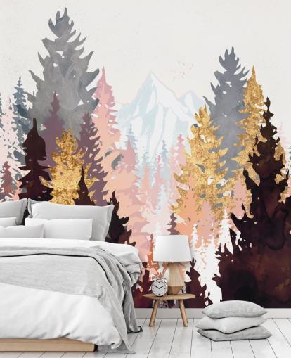 carta da parati con alberi marrone, rosa e oro carta da parati con alberi marrone, rosa e oro