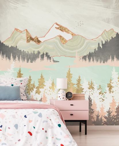 pastelroze, grijs en goud abstract bergbehang