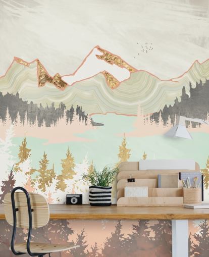 pastel pink, grey and gold abstract mountain wallpaper