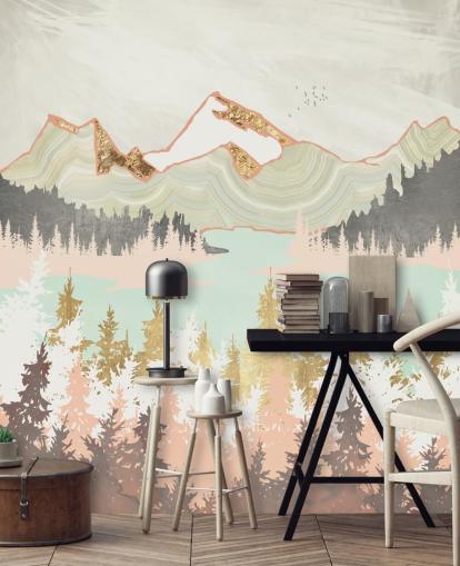 pastelroze, grijs en goud abstract bergbehang