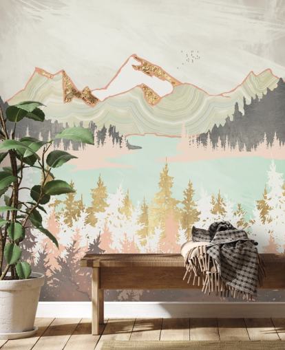 pastel pink, grå og guld abstrakt bjerg tapet