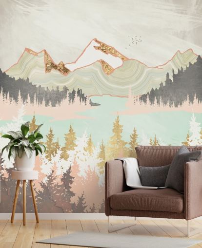 pastelroze, grijs en goud abstract bergbehang