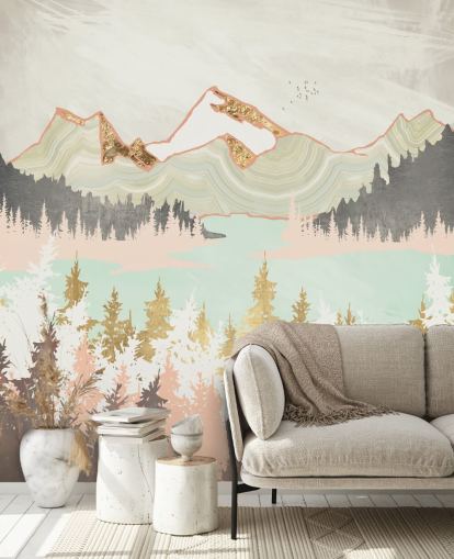 papier peint montagne abstrait rose pastel, gris et or