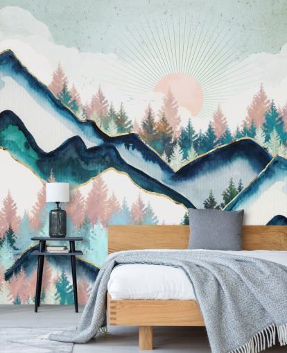papel pintado de montaña azul marino y rosa