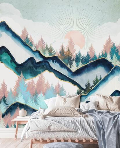 marine blauw en roze berg kunstwerk behang