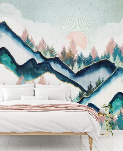 papel pintado de montaña azul marino y rosa