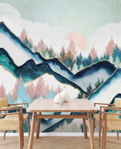 navy and pink mountain artwork wallpaper