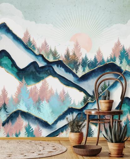 navy and pink mountain artwork wallpaper