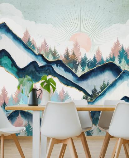 marine blauw en roze berg kunstwerk behang marine blauw en roze berg kunstwerk behang